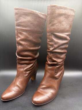 ALDO Brown Leather Slouch Boots Womens EU 38 High Block Heel Boho Rounded Toe